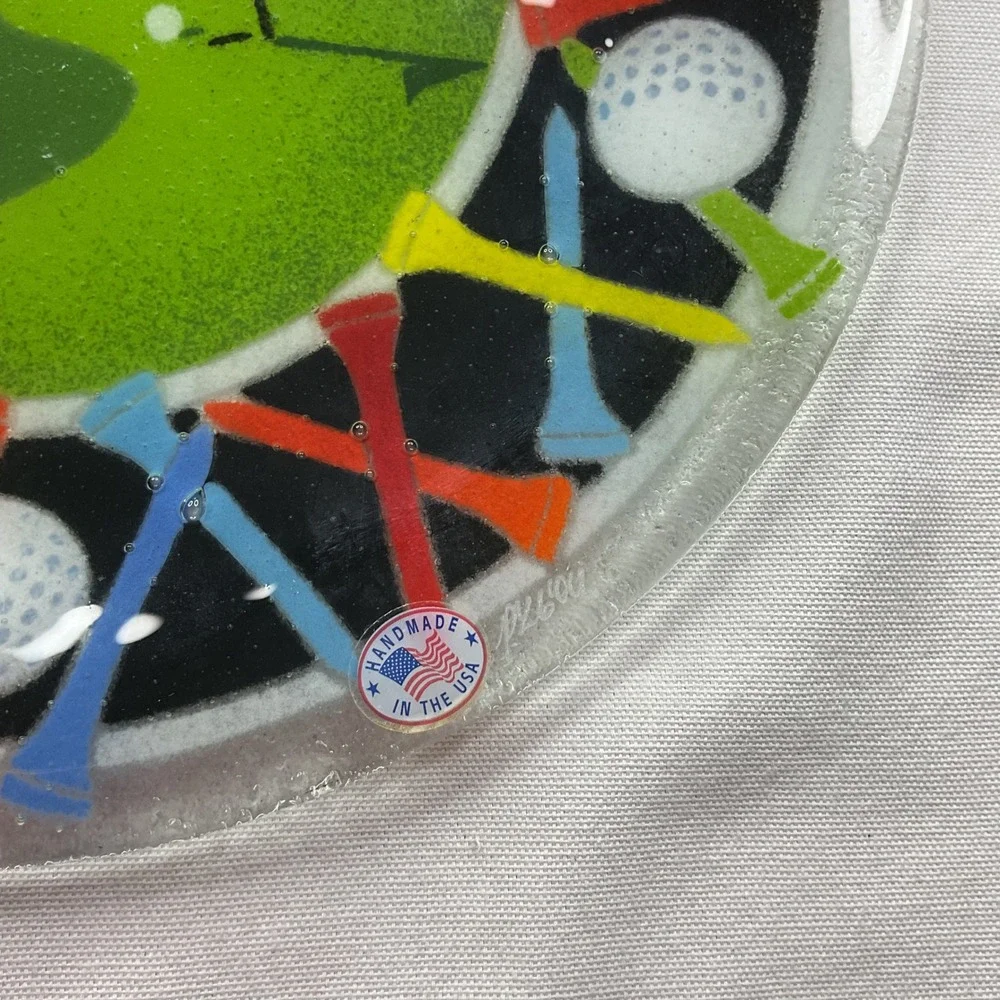 Peggy Karr Fused Glass Golf Plate Signed Art Glass 11.5 Inch Green Fairway Decor